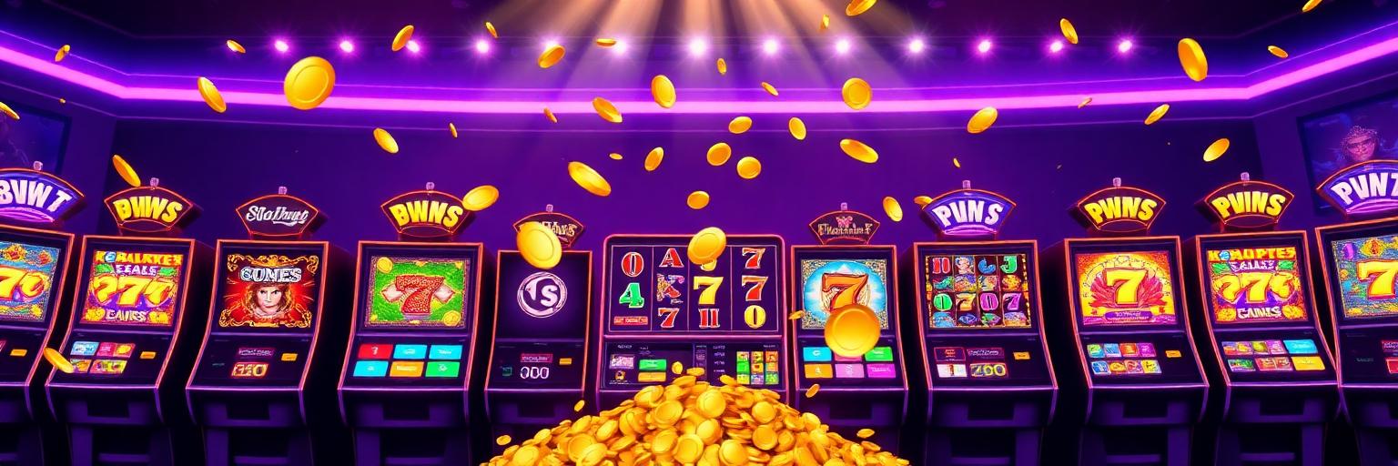 Online Slots Banner - Colorful slot machine reels with winning symbols